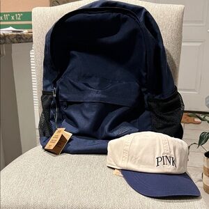 PINK Victoria's Secret Dark Blue Backpack and Hat